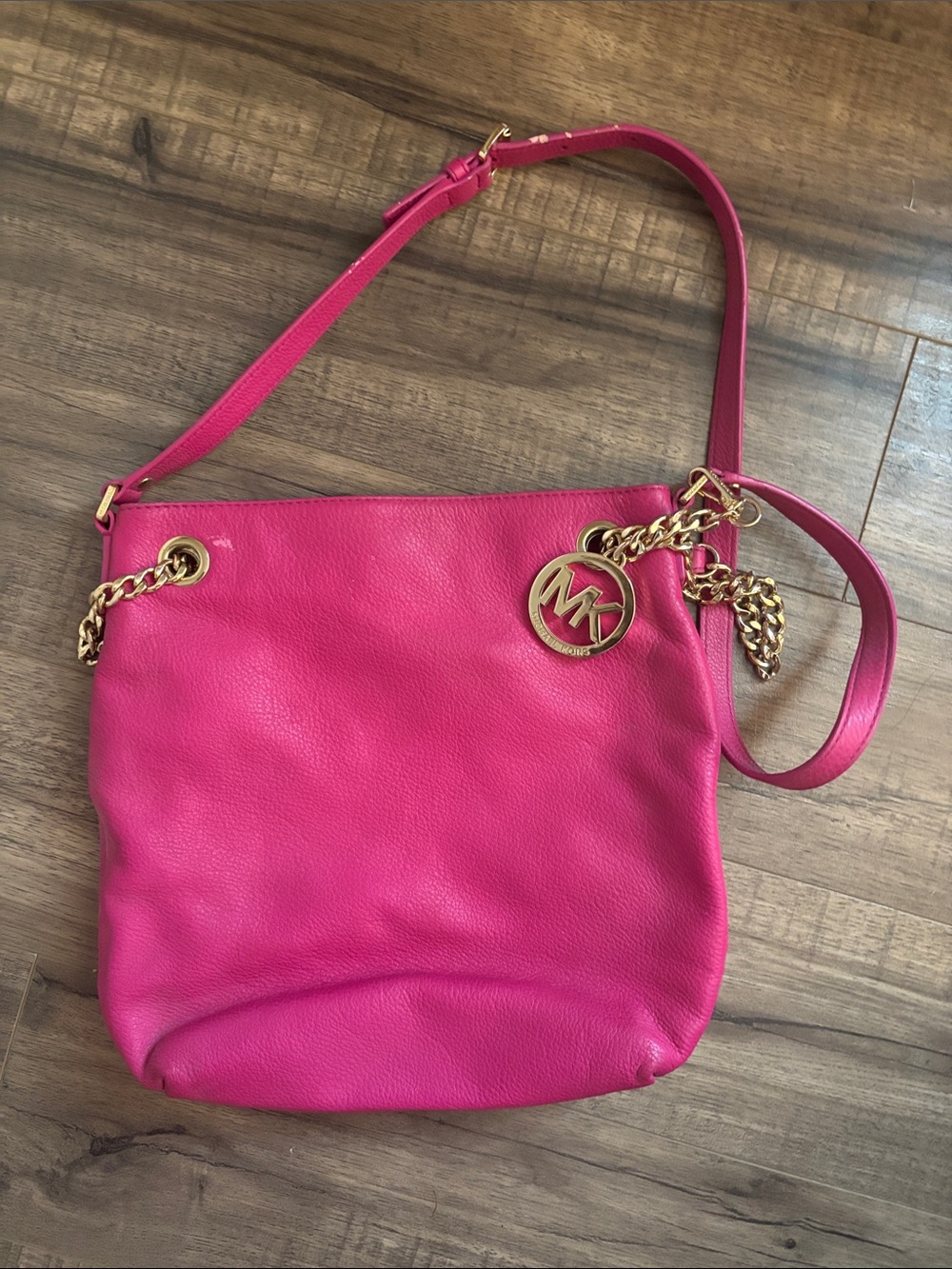 Michael Kors Hot Pink Leather Crossbody with Gold-Tone Chain